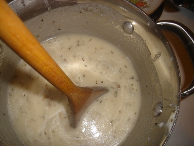 A pot of gluten free cream of mushroom soup.