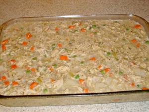 turkey pot pie filling in pan with head space