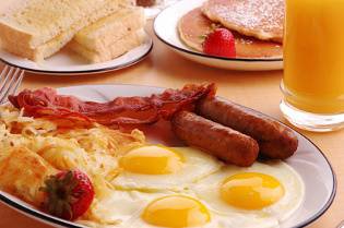 bacon, sausage, egg breakfast