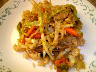 plate of mongolian beef and brown rice